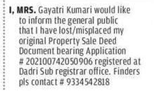 Lost Property Sale Deed Notice