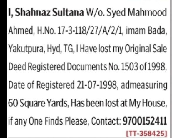Lost Registered Document Notice – Yakutpura
