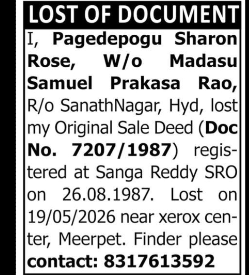 Lost Sale Deed Document – Hyderabad
