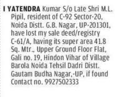 LOST SALE DEED / REGISTRY NOTICE