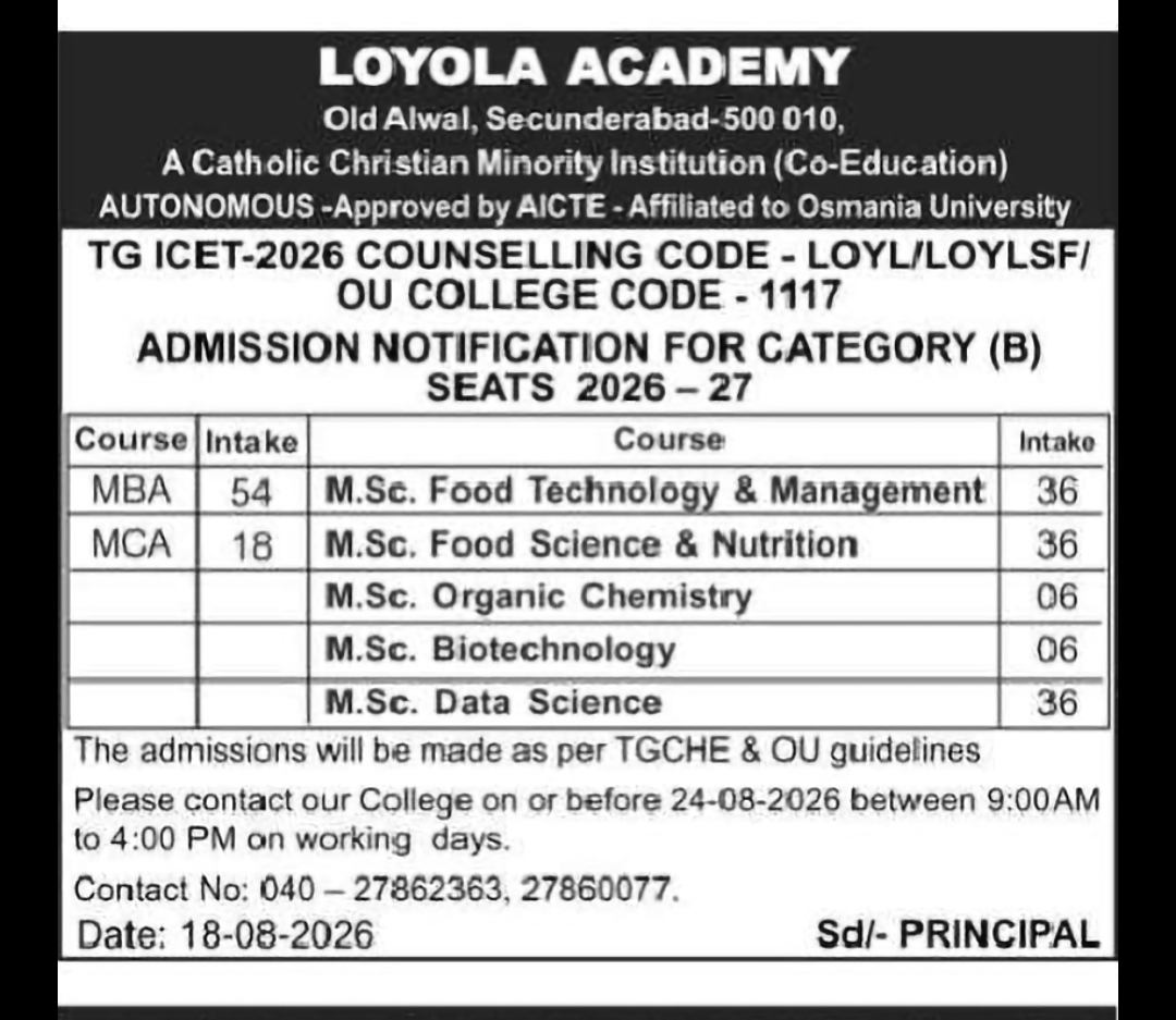 LOYOLA ACADEMY – CATEGORY B ADMISSIONS 2026-27
