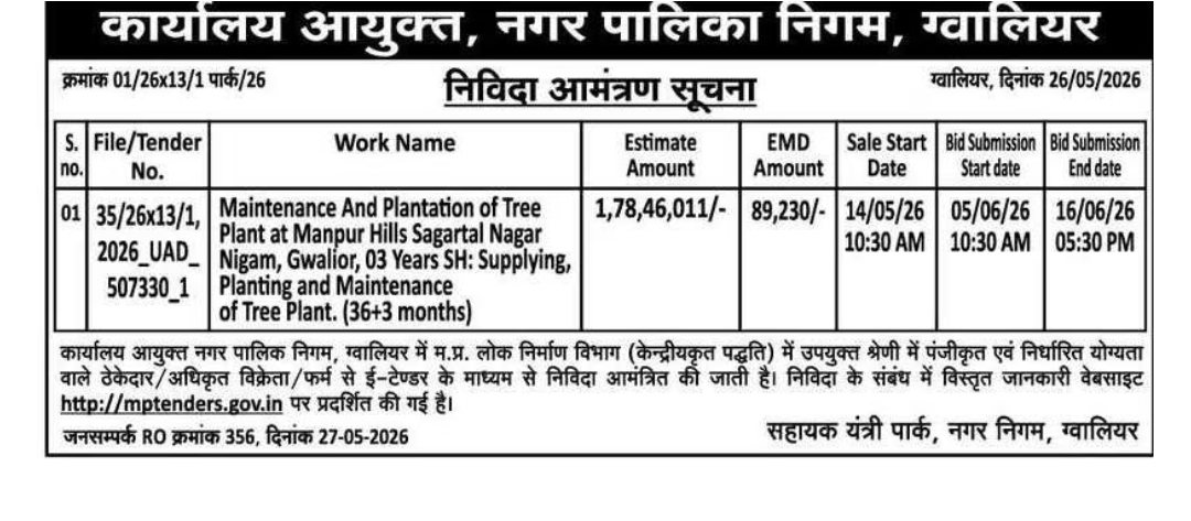Madhya Pradesh: Gwalior Municipal Corporation Invites E-Tender for Tree Plantation and Maintenance Work Worth ₹1.78 Crore