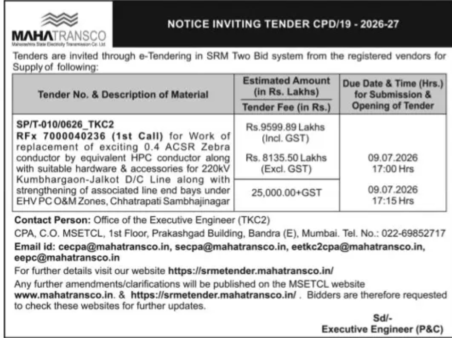MAHATRANSCO E-Tender Notice – 220 kV Transmission Line Work