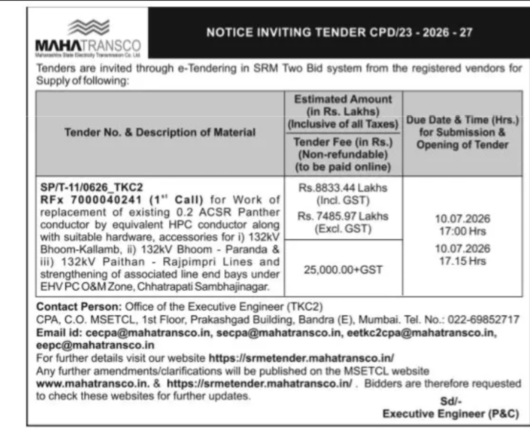 MAHATRANSCO Notice Inviting Tender CPD/23 – 2026–27