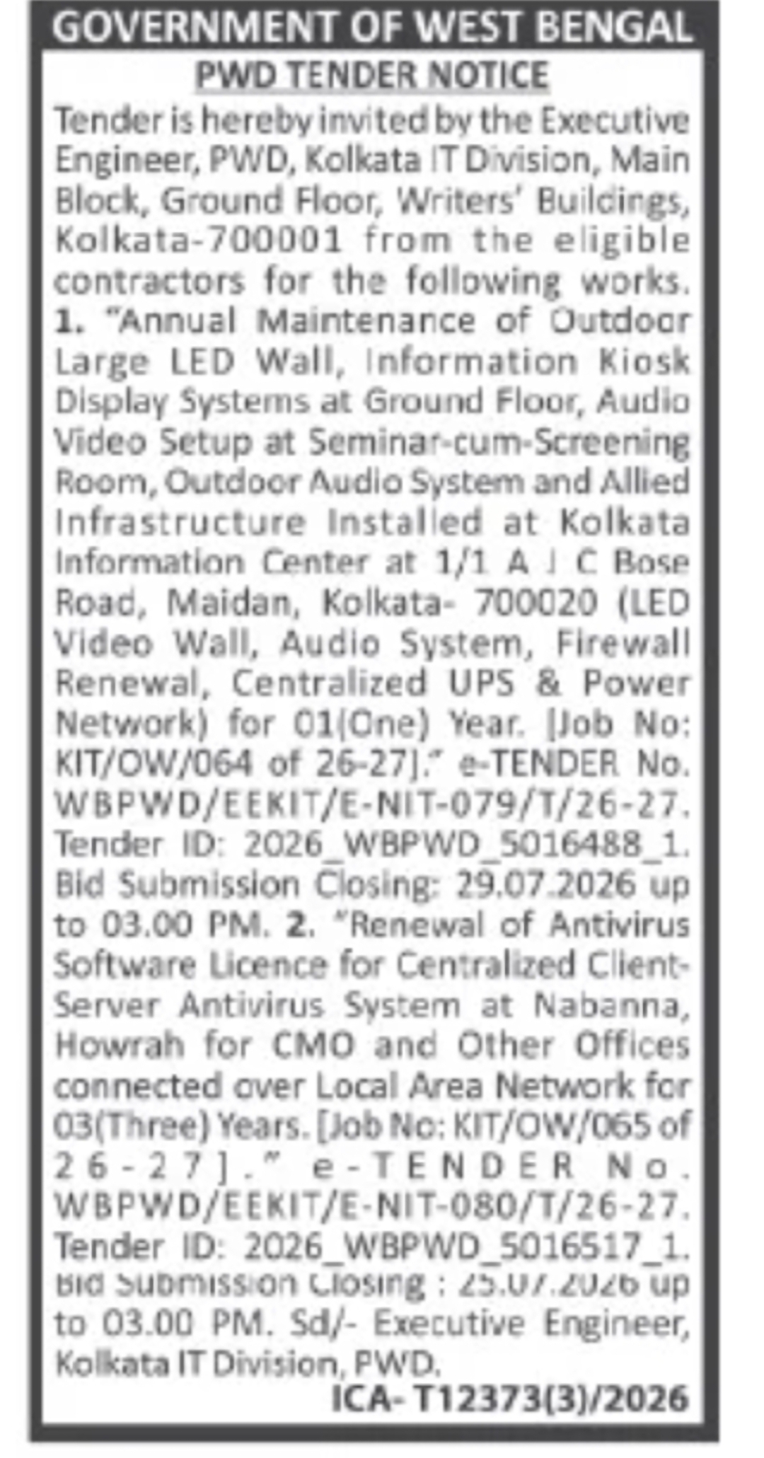 Maintenance of LED Video Wall and IT Infrastructure – Kolkata Information Centre