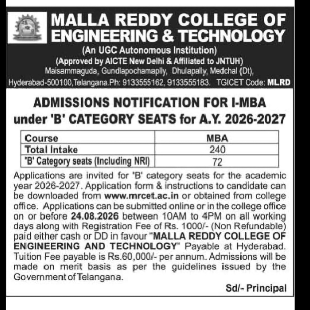MALLA REDDY COLLEGE OF ENGINEERING & TECHNOLOGY – MBA B CATEGORY ADMISSIONS 2026-27