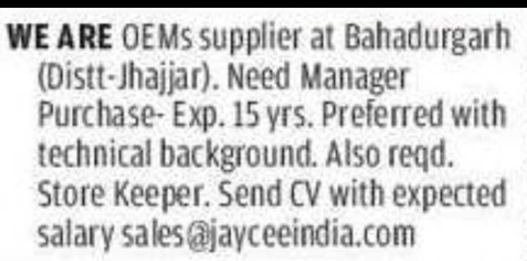 Manager Purchase & Store Keeper – OEM Supplier (Bahadurgarh, Jhajjar)