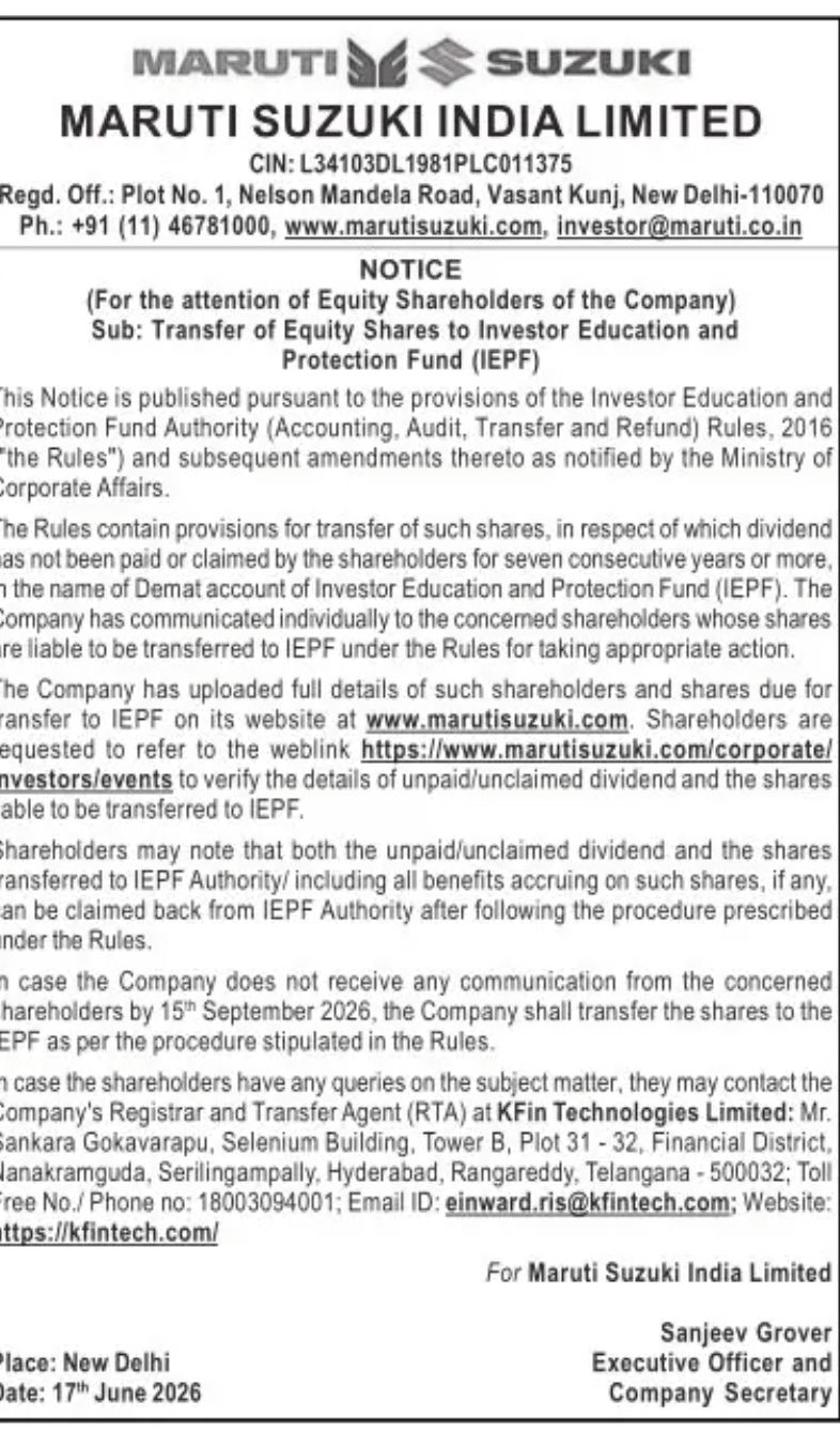 Maruti Suzuki India Limited – Notice to Shareholders