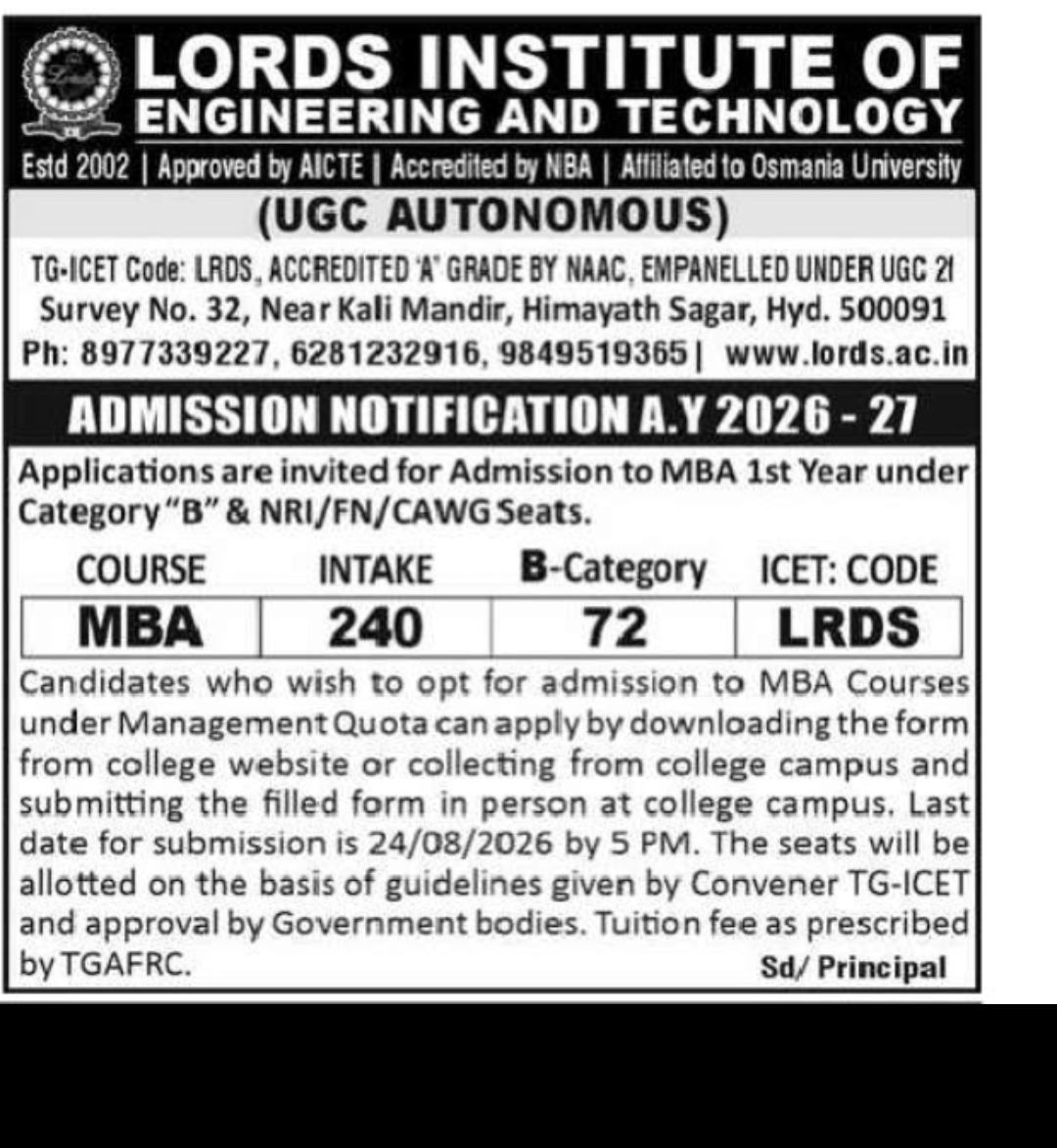 MBA Admission Notification 2026-27 – Lords Institute of Engineering and Technology