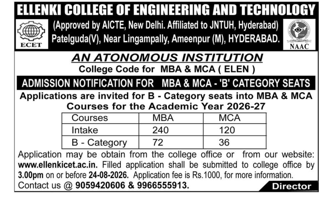 MBA & MCA B-Category Admissions 2026-27 – Ellenki College of Engineering and Technology