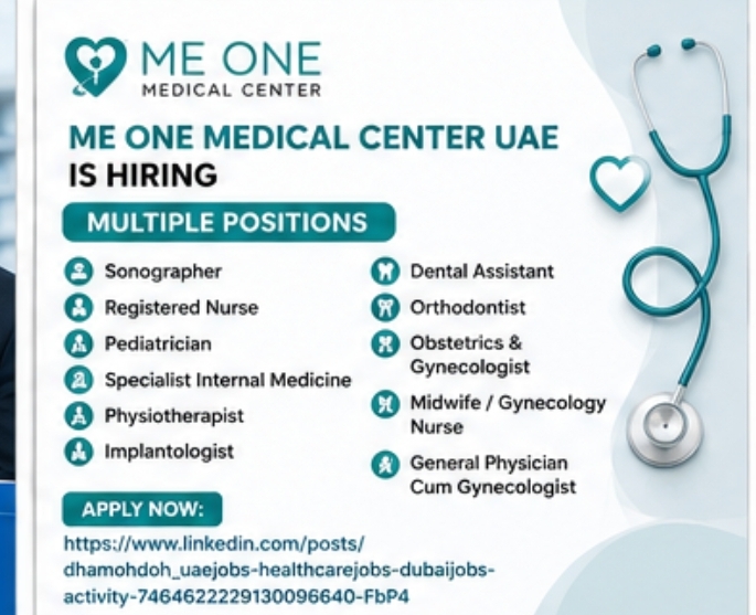 Me One Medical Center UAE Hiring Multiple Healthcare Professionals