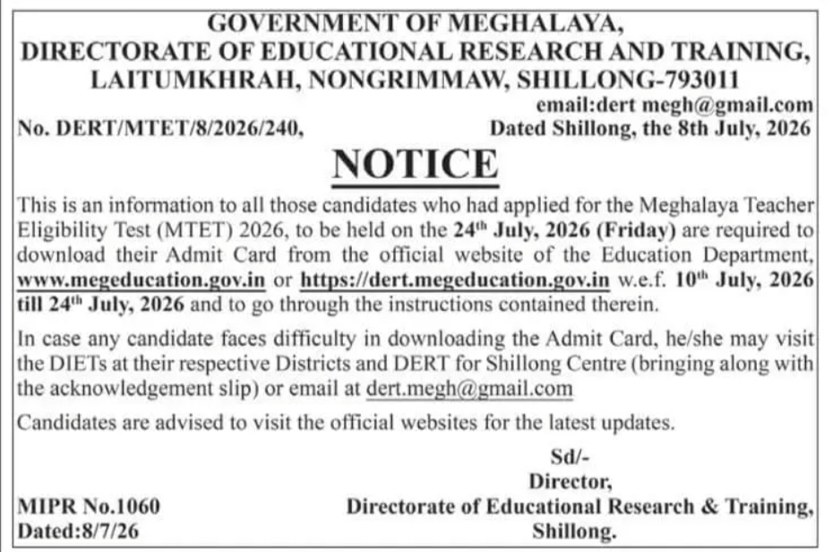 Meghalaya Teacher Eligibility Test (MTET) 2026 – Admit Card Download Notice