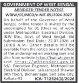 Metropolitan Electrical Division, I&WD, West Bengal – e-Tender Notice