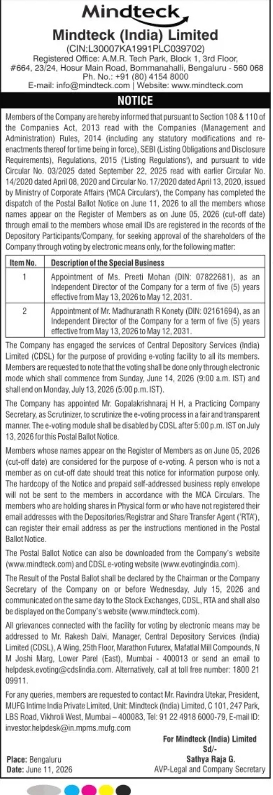 Mindteck (India) Limited – Postal Ballot Notice