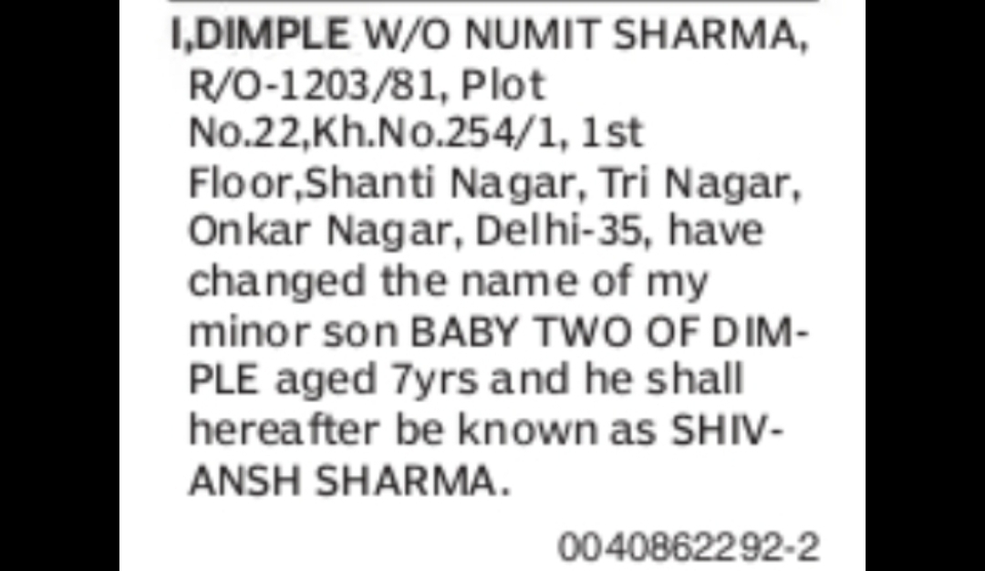 Minor Son Name Change – Shivansh Sharma