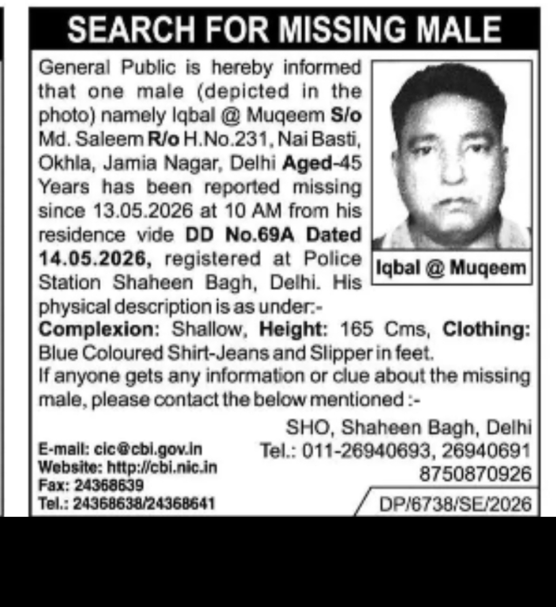 Missing Male Notice – Iqbal @ Muqeem