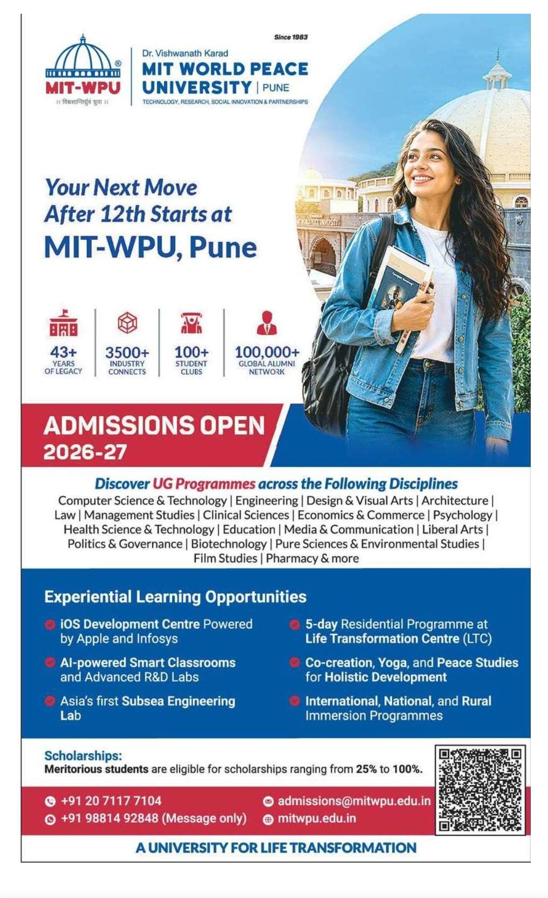 MIT-WPU Pune Admissions Open 2026-27 | UG Programmes After 12th