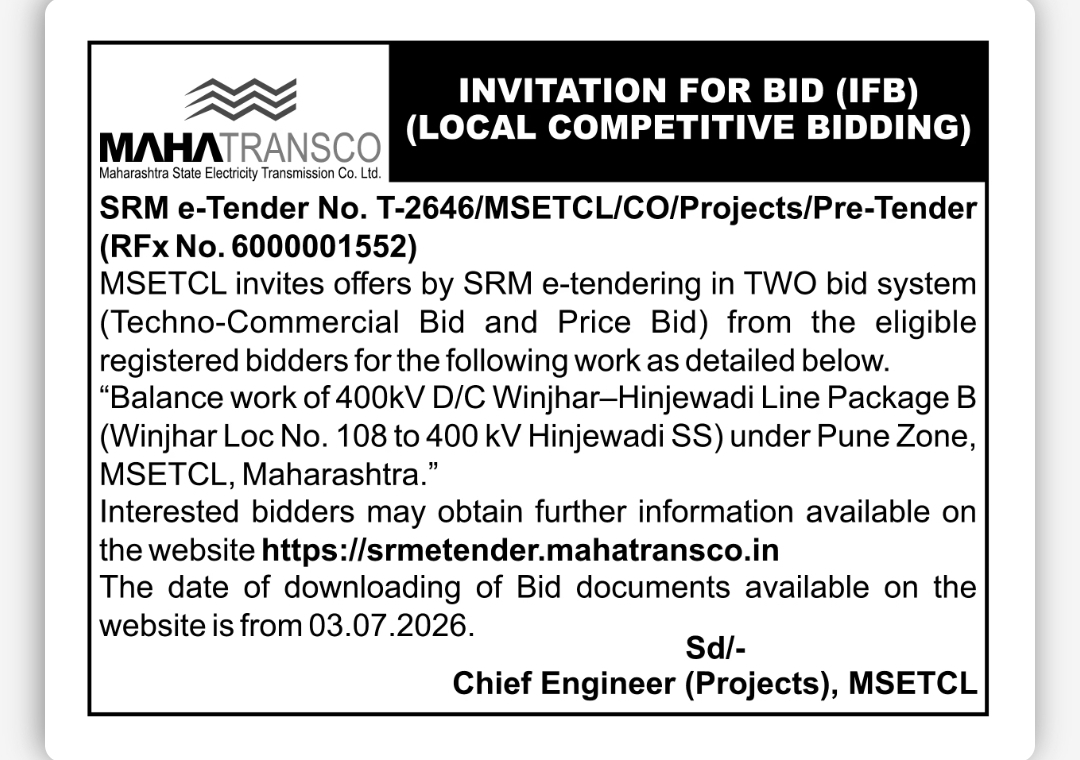 MSETCL Invites Bids for 400kV D/C Winjhar-Hinjewadi Line Balance Work in Maharashtra