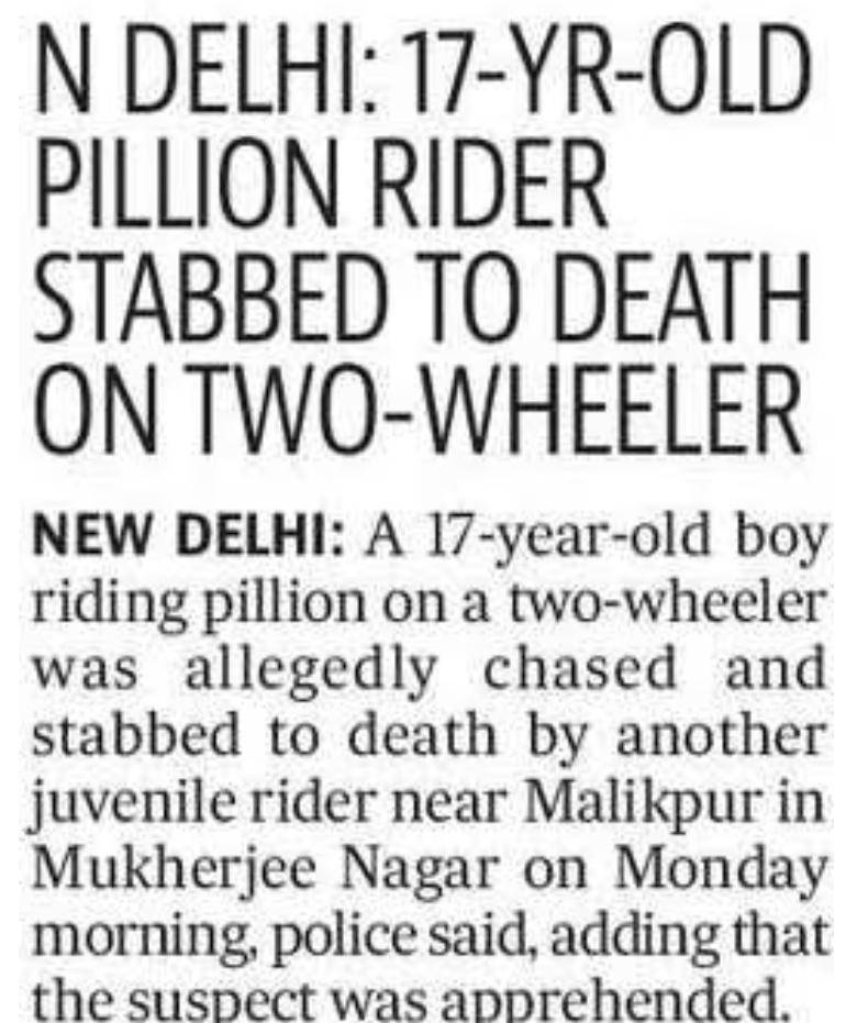 N DELHI: 17-YR-OLD PILLION RIDER STABBED TO DEATH ON TWO-WHEELER