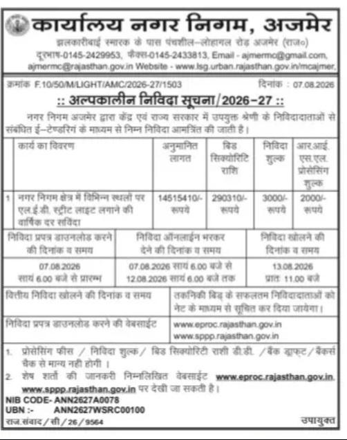 नगर निगम अजमेर – ई-टेंडर सूचना