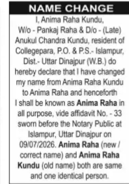 Name Change from Anima Raha Kundu to Anima Raha