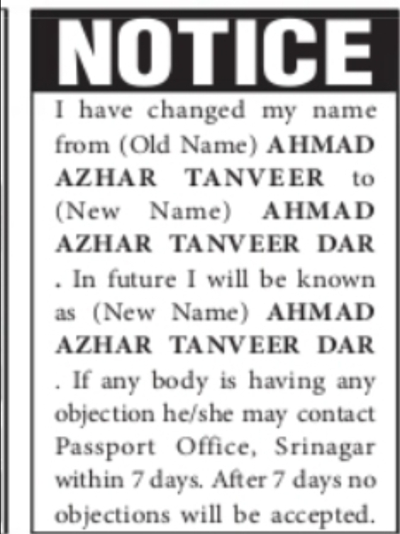 Name Change Notice – Ahmad Azhar Tanveer Dar