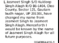 Name Change Notice – Jasmeet Singh Alagh