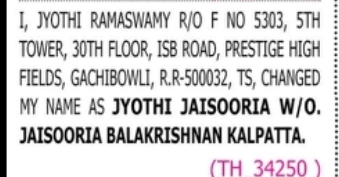 NAME CHANGE NOTICE – Jyothi Jaisooria
