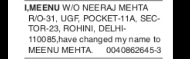 Name Change Notice – Meenu Mehta