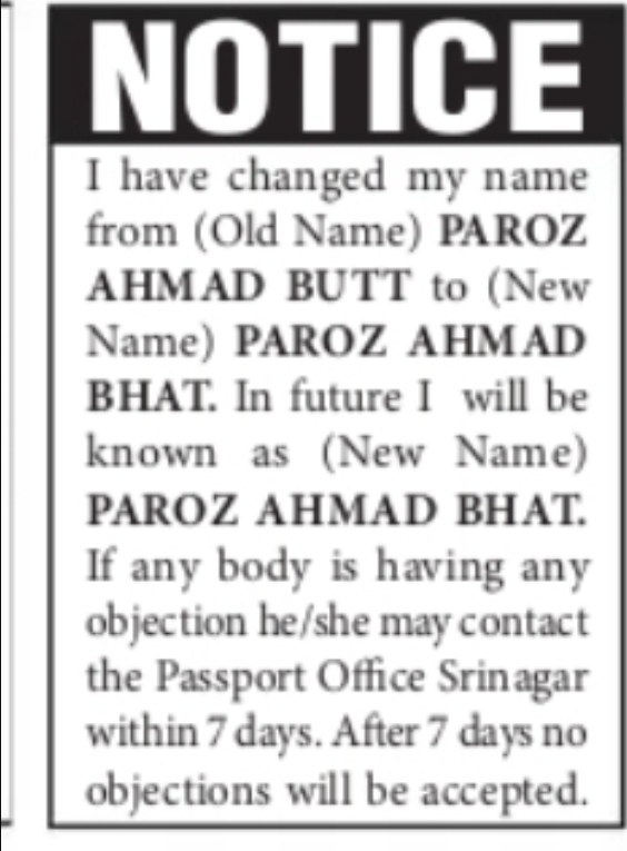 Name Change Notice – Paroz Ahmad Bhat