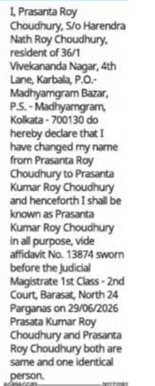 Name Change Notice – Prasanta Roy Choudhury to Prasanta Kumar Roy Choudhury