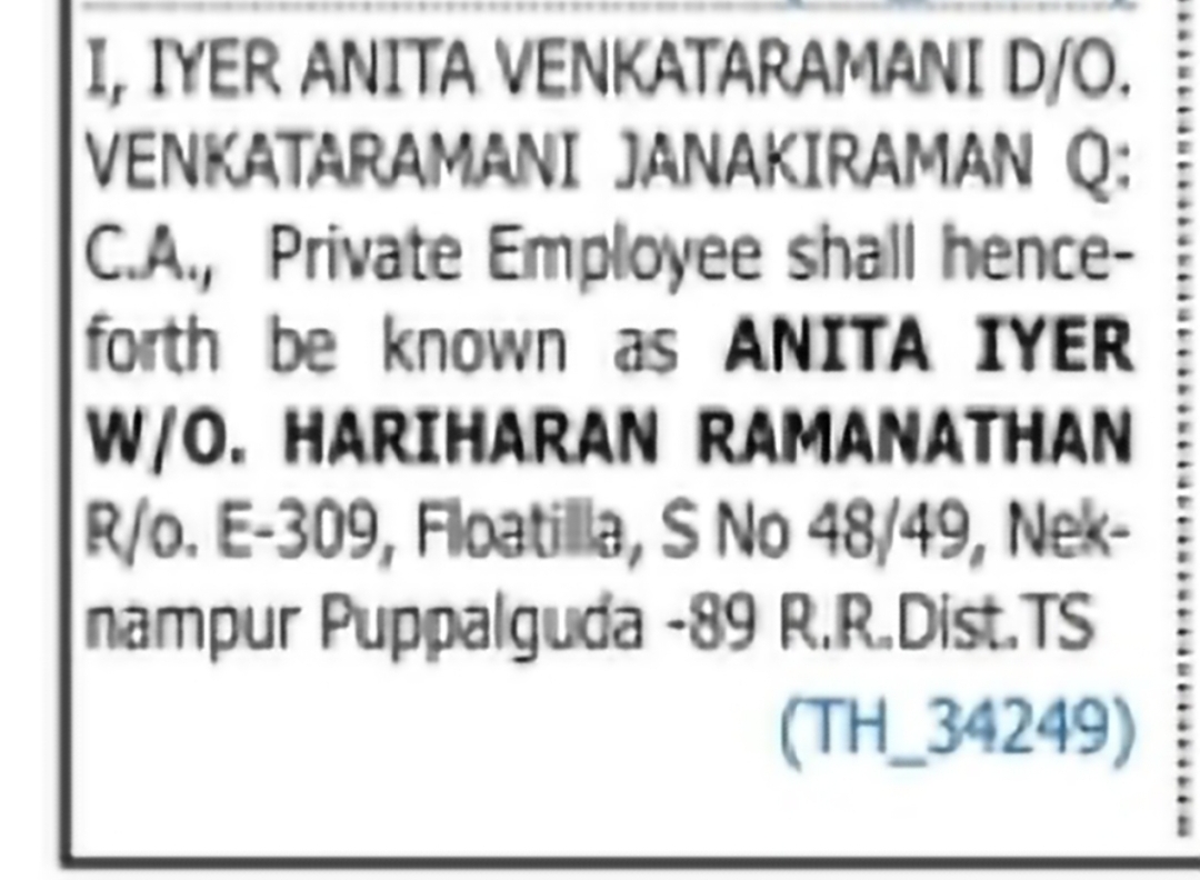 Name Change Notification – ANITA IYER