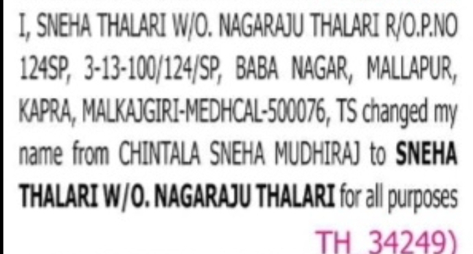 Name Change Notification – Sneha Thalari
