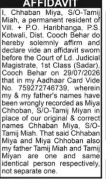 Name Correction Affidavit – Chhaban Miya / Miya Chhoban