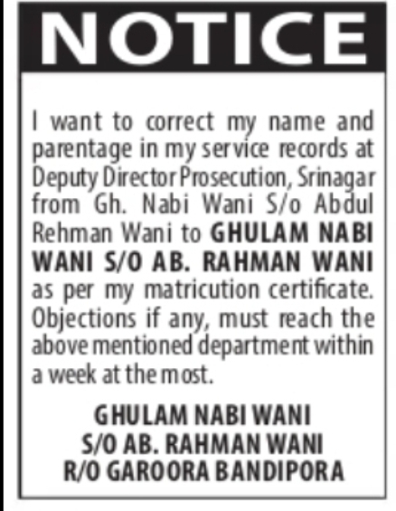 NAME CORRECTION NOTICE – GHULAM NABI WANI