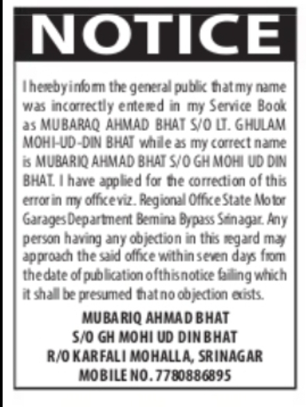 NAME CORRECTION NOTICE – MUBARIQ AHMAD BHAT