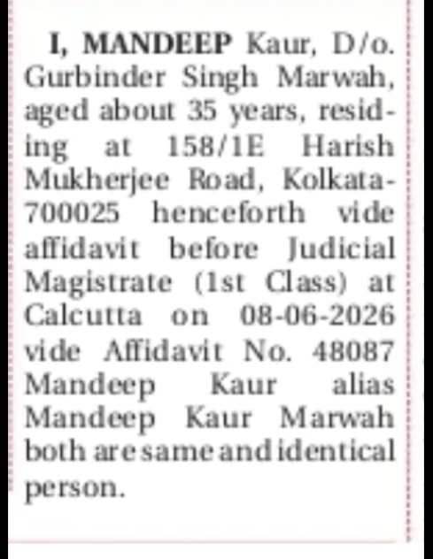 NAME IDENTIFICATION / AFFIDAVIT NOTICE (MANDEEP KAUR)