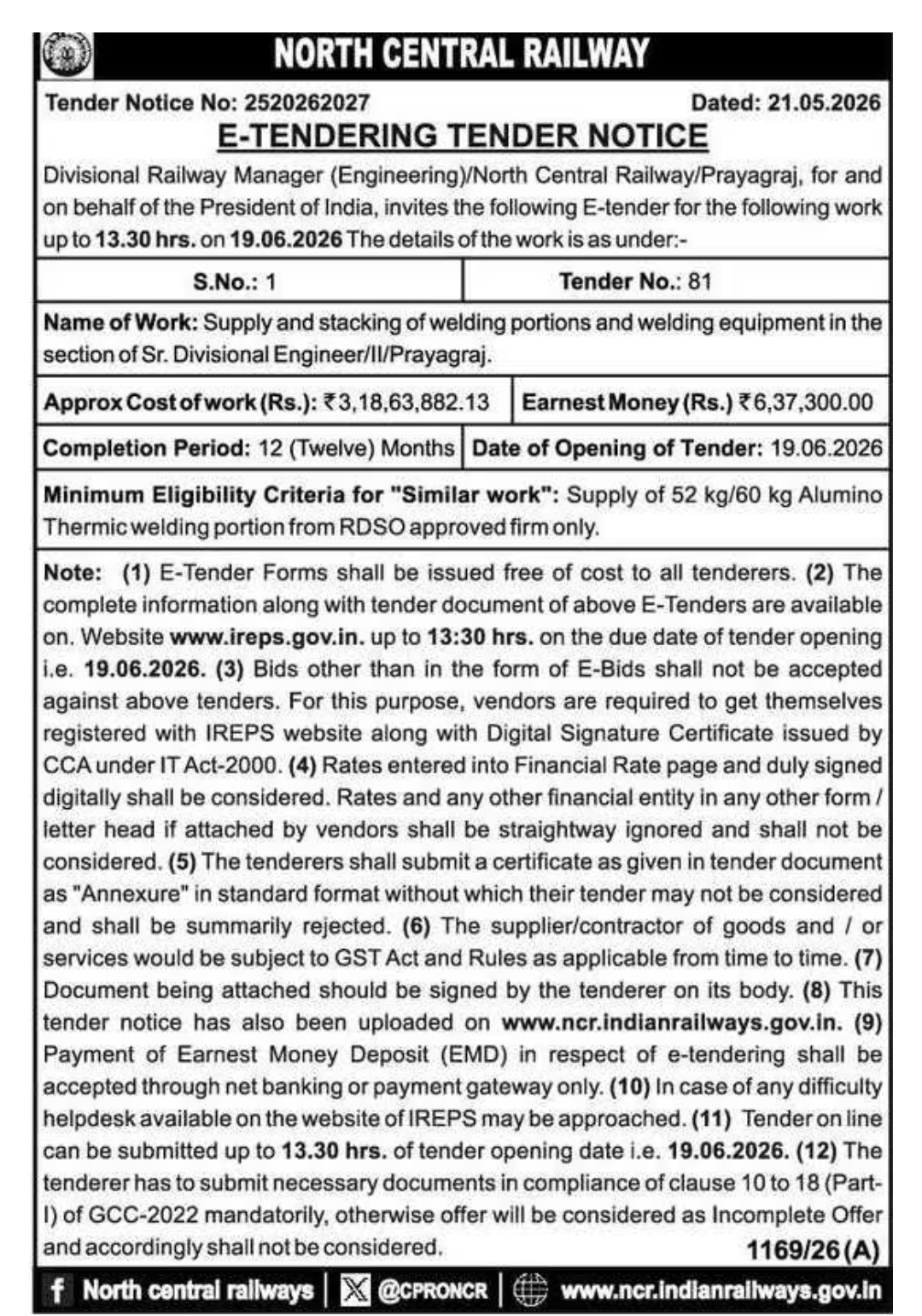 NCR Prayagraj Invites E-Tender for Supply of Welding Portions & Equipment