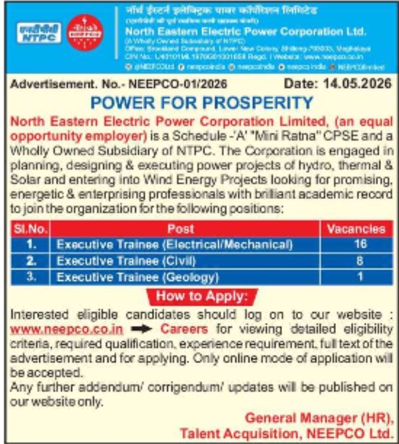 NEEPCO Recruitment 2026 – Executive Trainee Vacancies