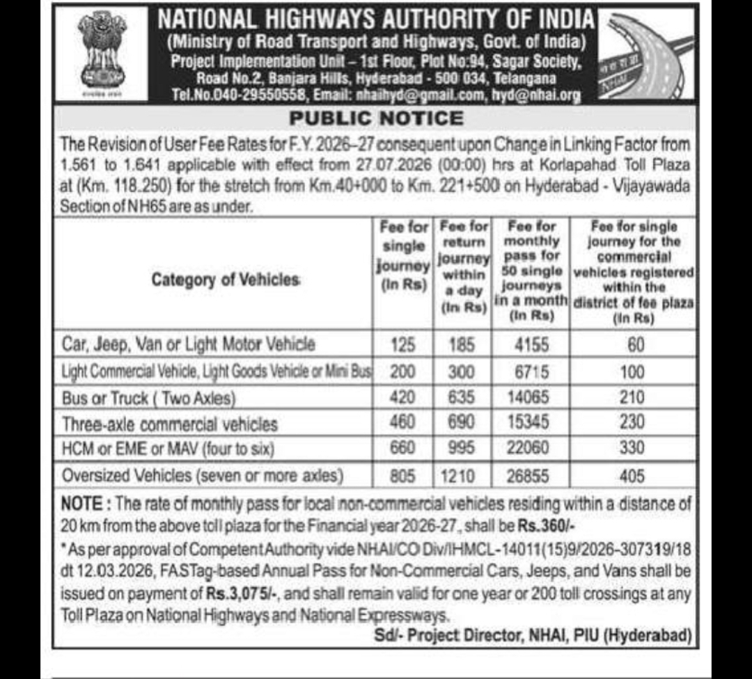 NHAI Revises Toll Charges – Korlapahad Toll Plaza (NH-65)