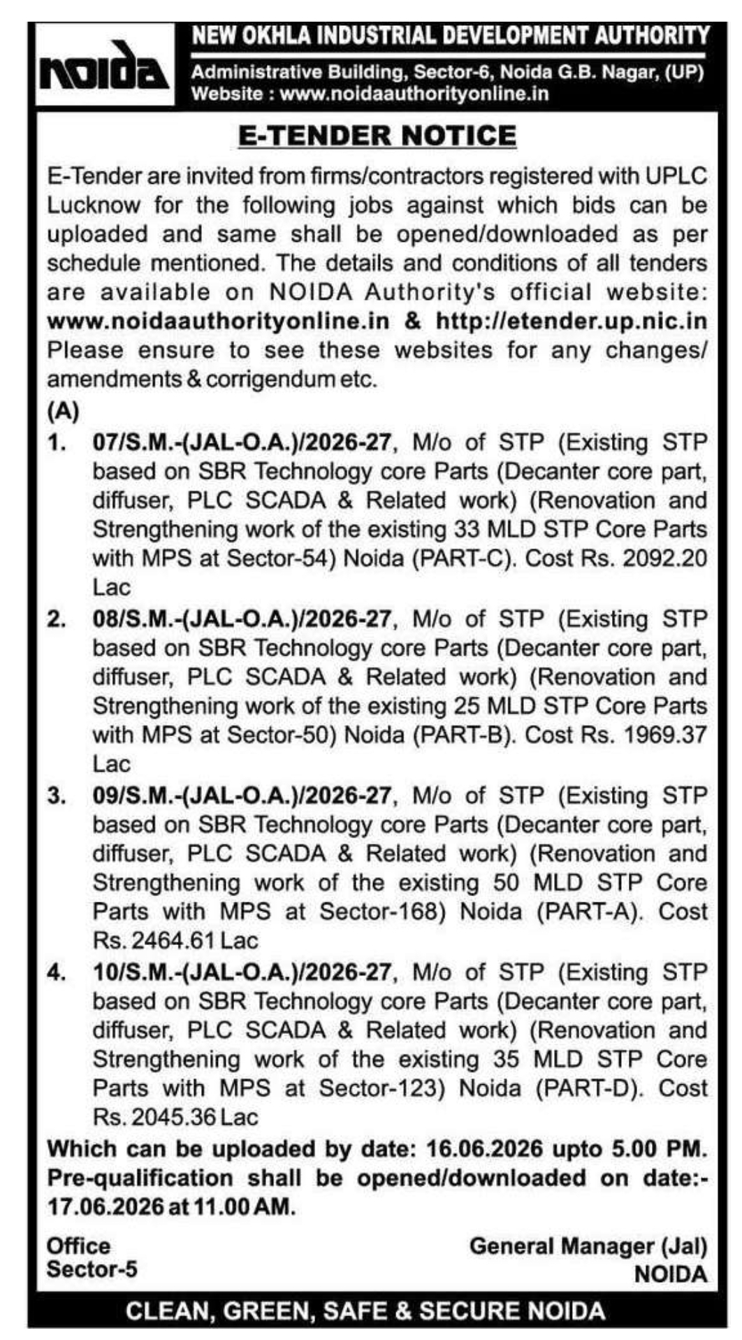 NOIDA Authority Invites E-Tenders for STP Renovation & Strengthening Works