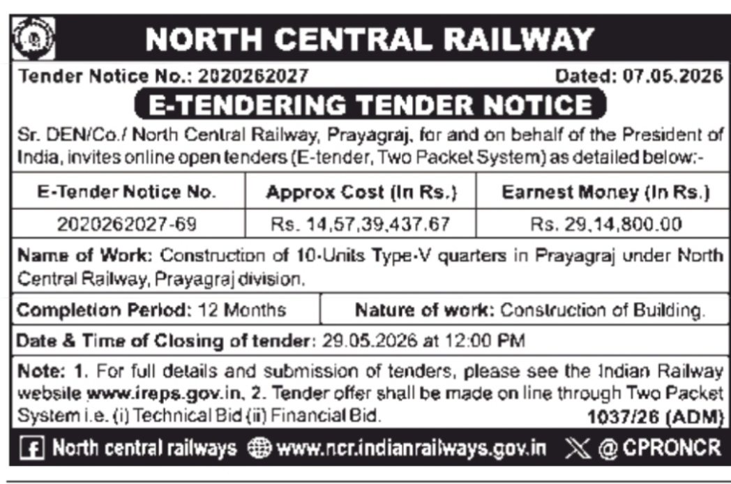 🏗️ North Central Railway Invites Bids for Railway Quarters Construction in Prayagraj