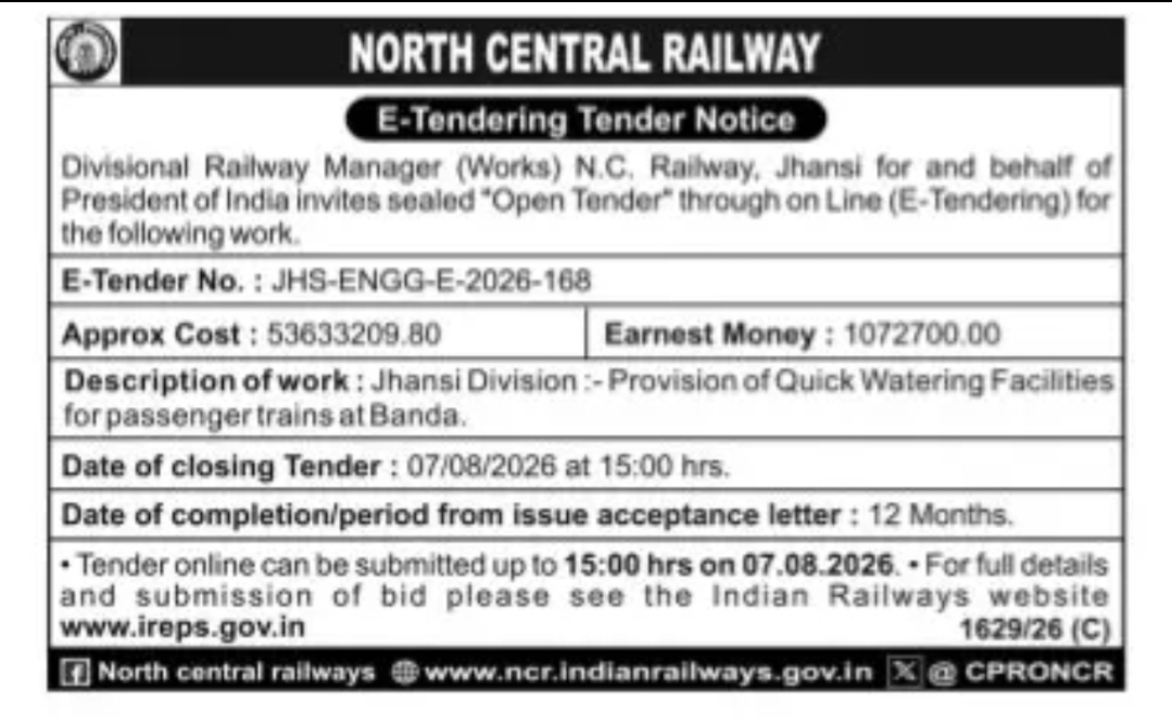 North Central Railway Tender – Quick Watering Facilities for Passenger Trains at Banda