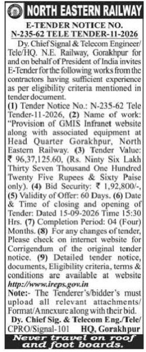 NORTH EASTERN RAILWAY E-TENDER NOTICE – TELE TENDER-11-2026