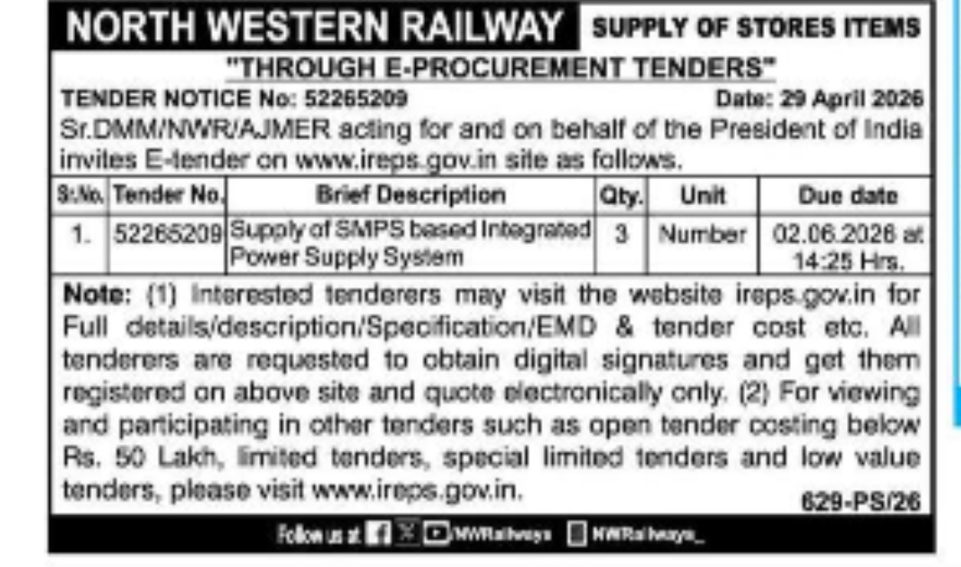 🚆 NORTH WESTERN RAILWAY invites E-Procurement Tenders for supply of stores items through IREPS portal.