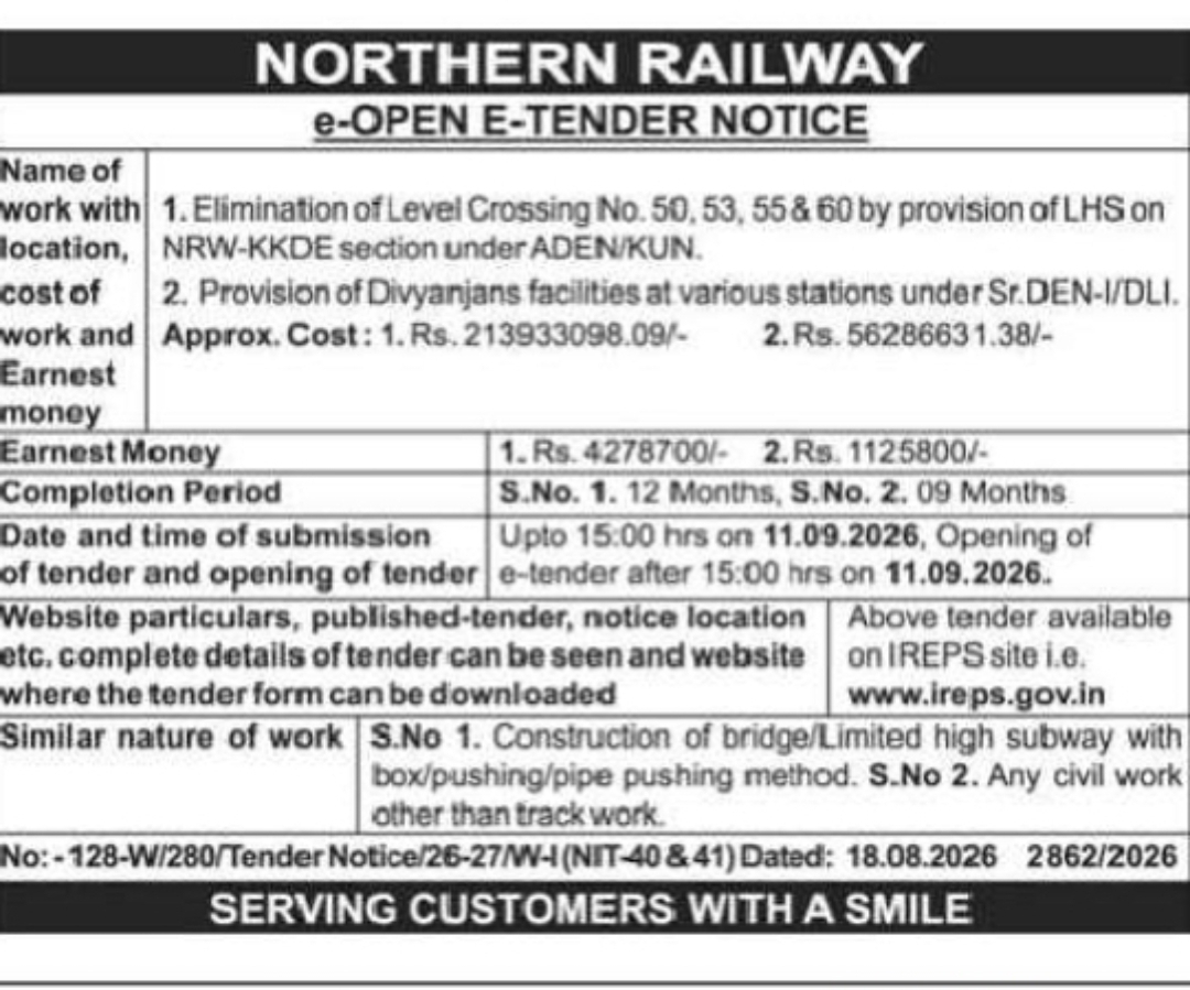 NORTHERN RAILWAY E-OPEN TENDER NOTICE – CIVIL WORKS