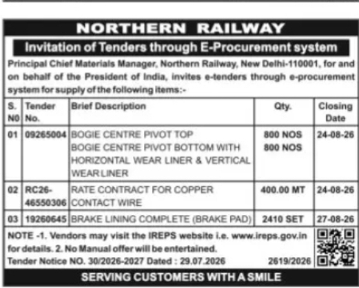 Northern Railway Invites E-Tenders for Railway Materials