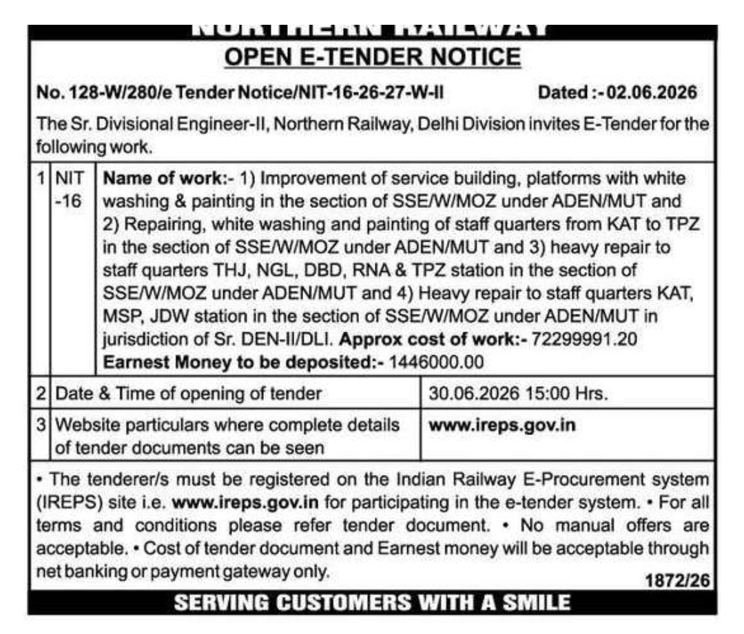 Northern Railway Invites ₹7.23 Crore Tender for Building, Platform and Staff Quarters Repair Works in Delhi Division