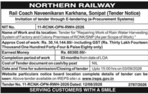 Northern Railway – Tender for Repairing Rain Water Harvesting System