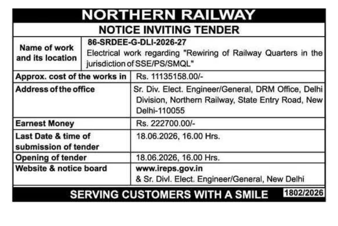 Northern Railway Tender Notice – Electrical Rewiring Work